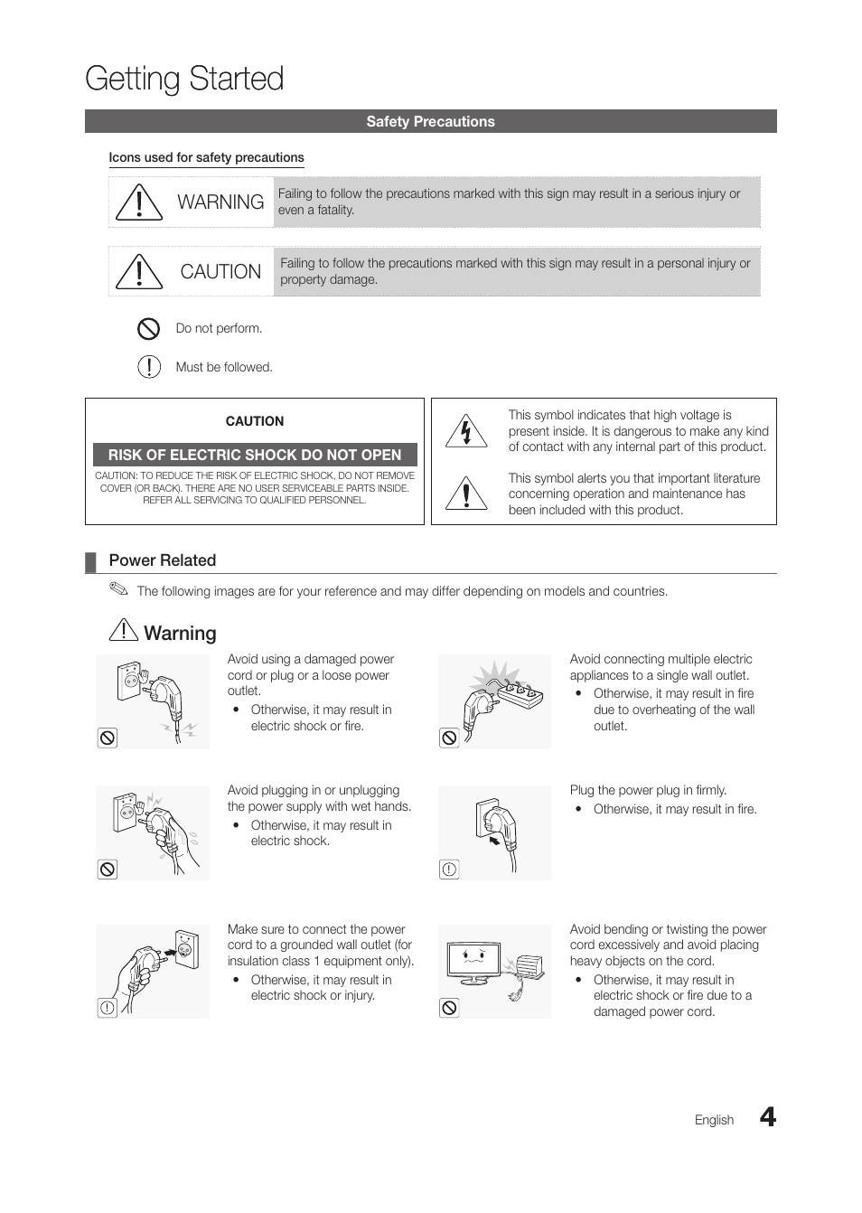 Getting started, Safety precautions, Power related | Warning, Caution | Samsung LT28C570ND-ZA User Manual | Page 4 / 44