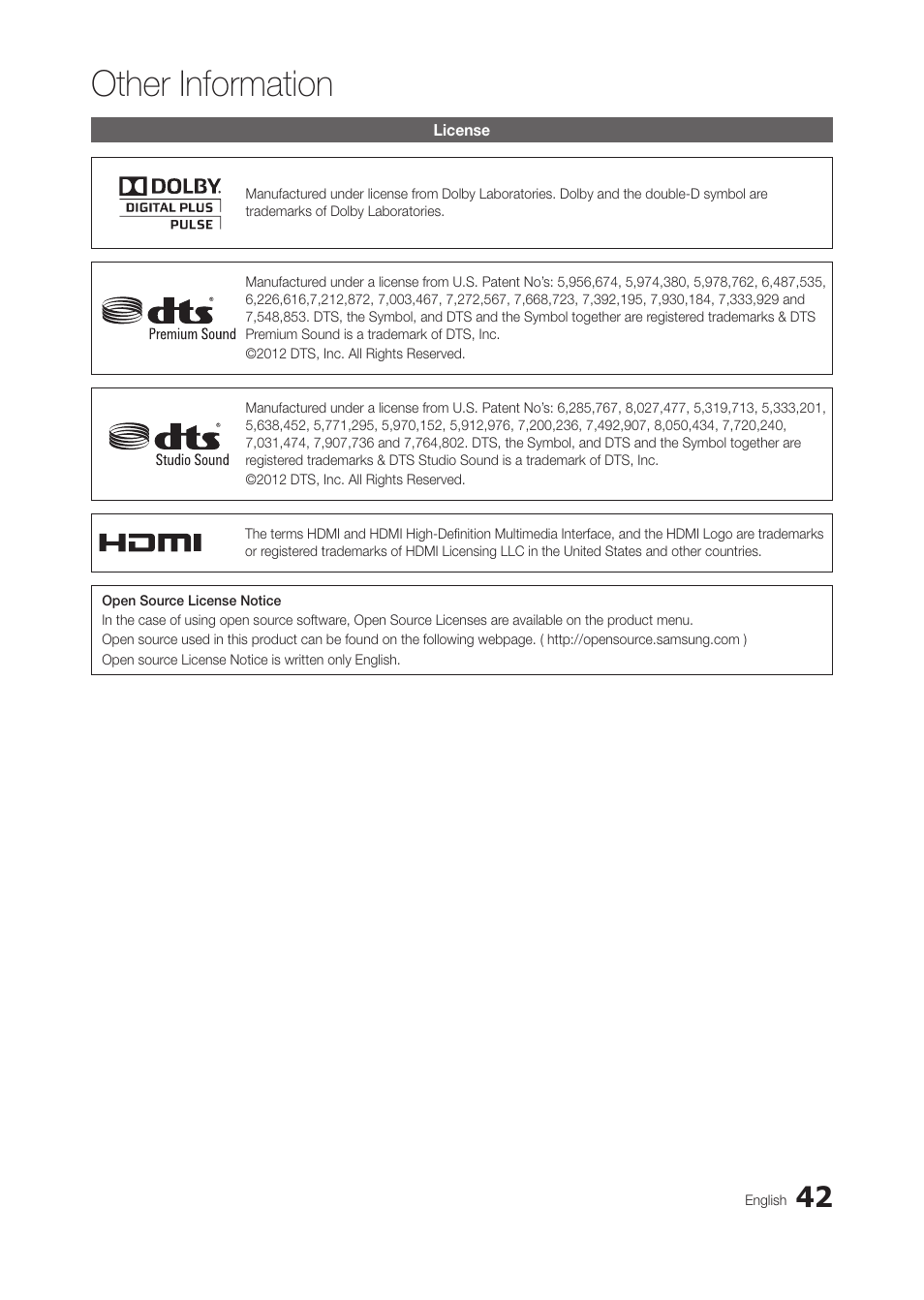 License, Other information | Samsung LT28C570ND-ZA User Manual | Page 42 / 44