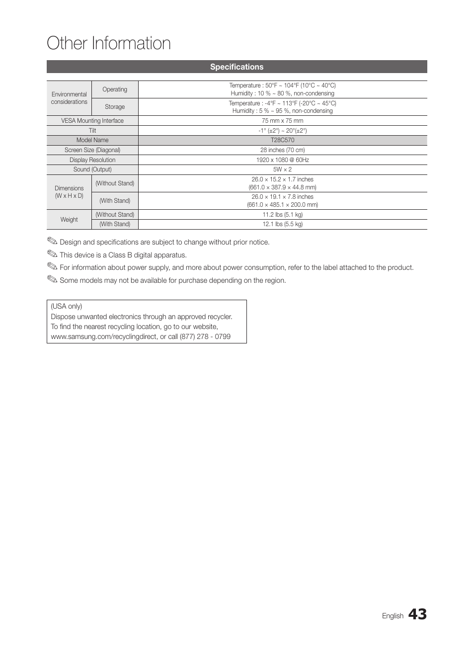 Specifications, Other information | Samsung LT28C570ND-ZA User Manual | Page 43 / 44