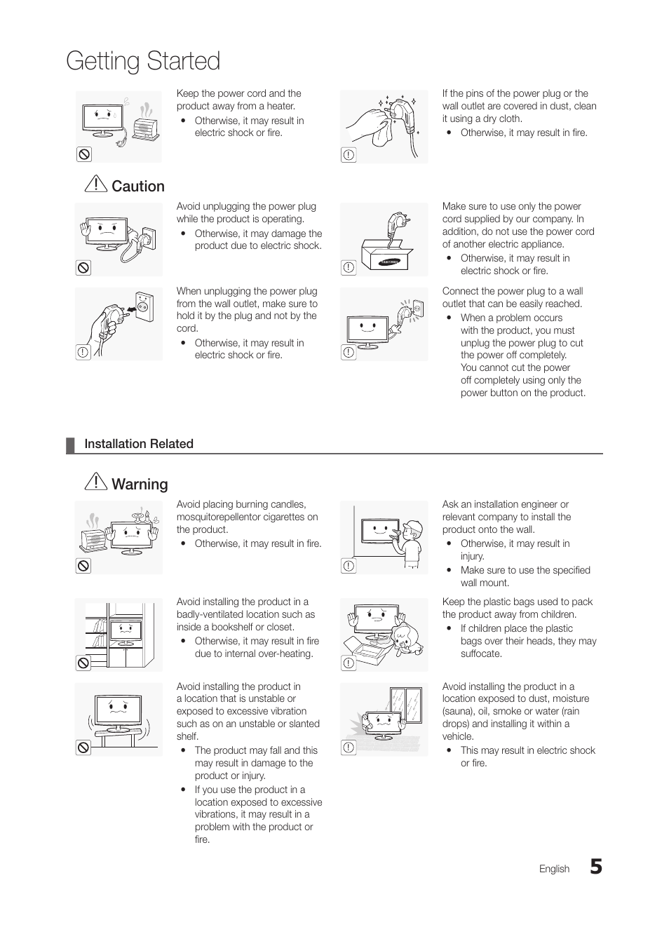 Installation related, Getting started, Caution | Warning | Samsung LT28C570ND-ZA User Manual | Page 5 / 44