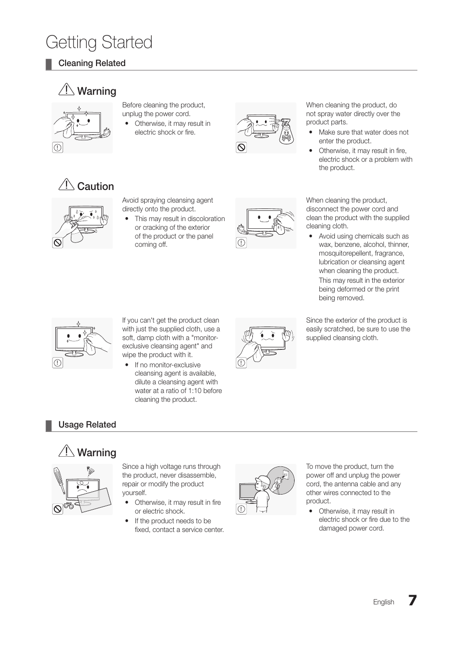 Cleaning related, Usage related, Getting started | Warning, Caution | Samsung LT28C570ND-ZA User Manual | Page 7 / 44