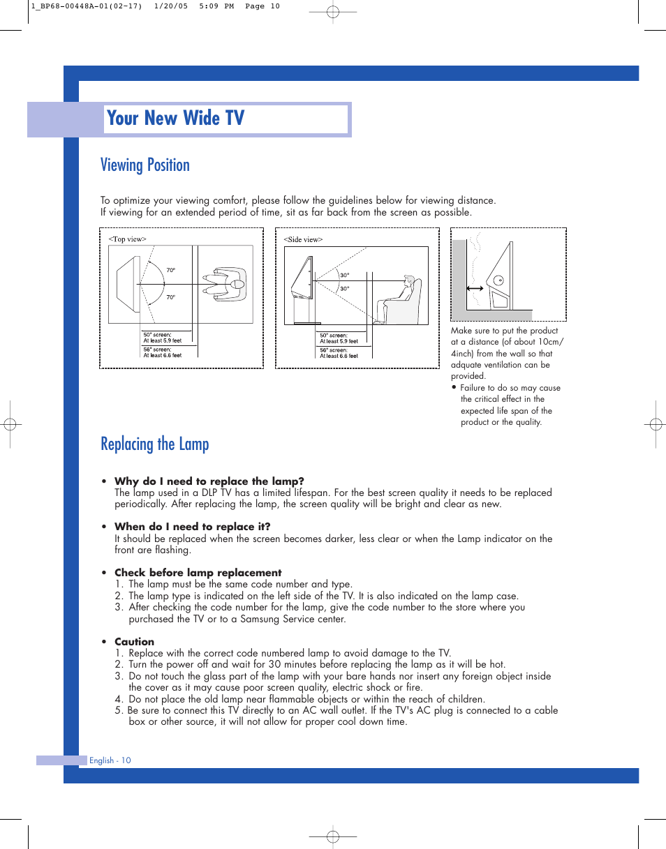 Viewing position, Replacing the lamp, Your new wide tv | Samsung HLR5087WX-XAA User Manual | Page 10 / 104