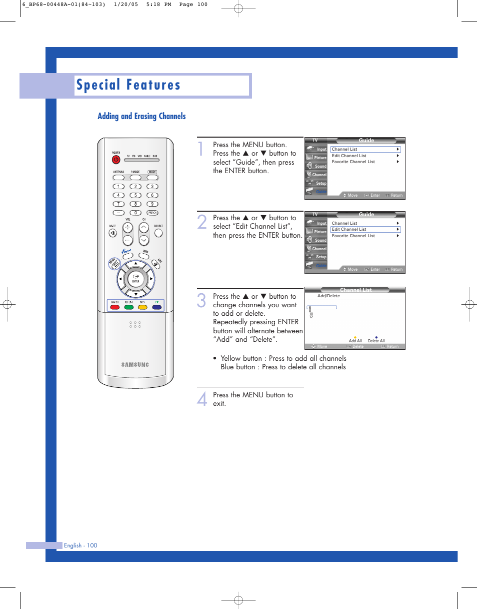 Special features, Adding and erasing channels | Samsung HLR5087WX-XAA User Manual | Page 100 / 104