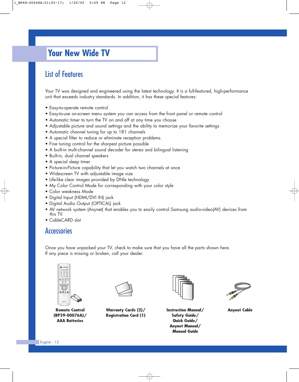 List of features, Accessories, Your new wide tv | Samsung HLR5087WX-XAA User Manual | Page 12 / 104