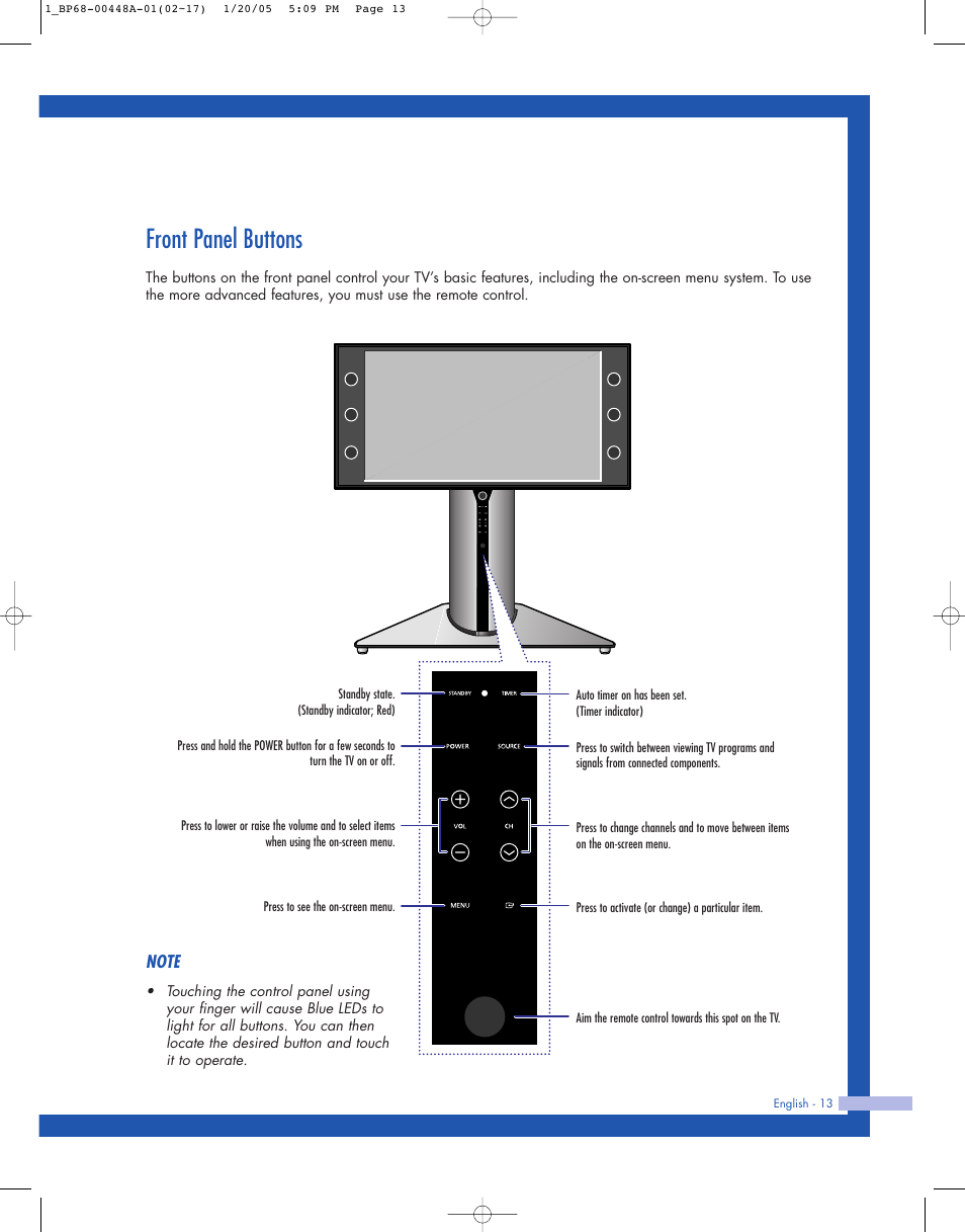 Front panel buttons | Samsung HLR5087WX-XAA User Manual | Page 13 / 104