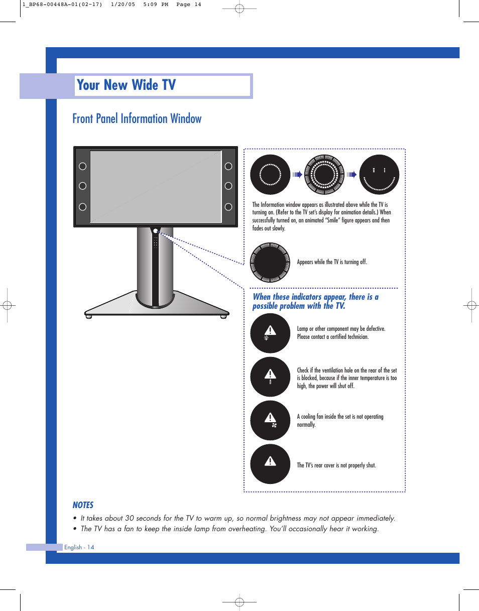Front panel information window, Your new wide tv | Samsung HLR5087WX-XAA User Manual | Page 14 / 104