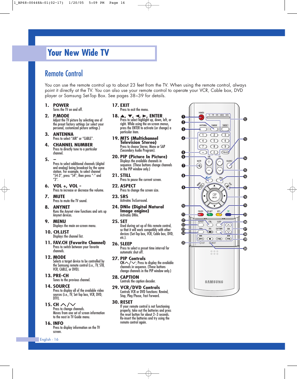 Remote control, Your new wide tv | Samsung HLR5087WX-XAA User Manual | Page 16 / 104