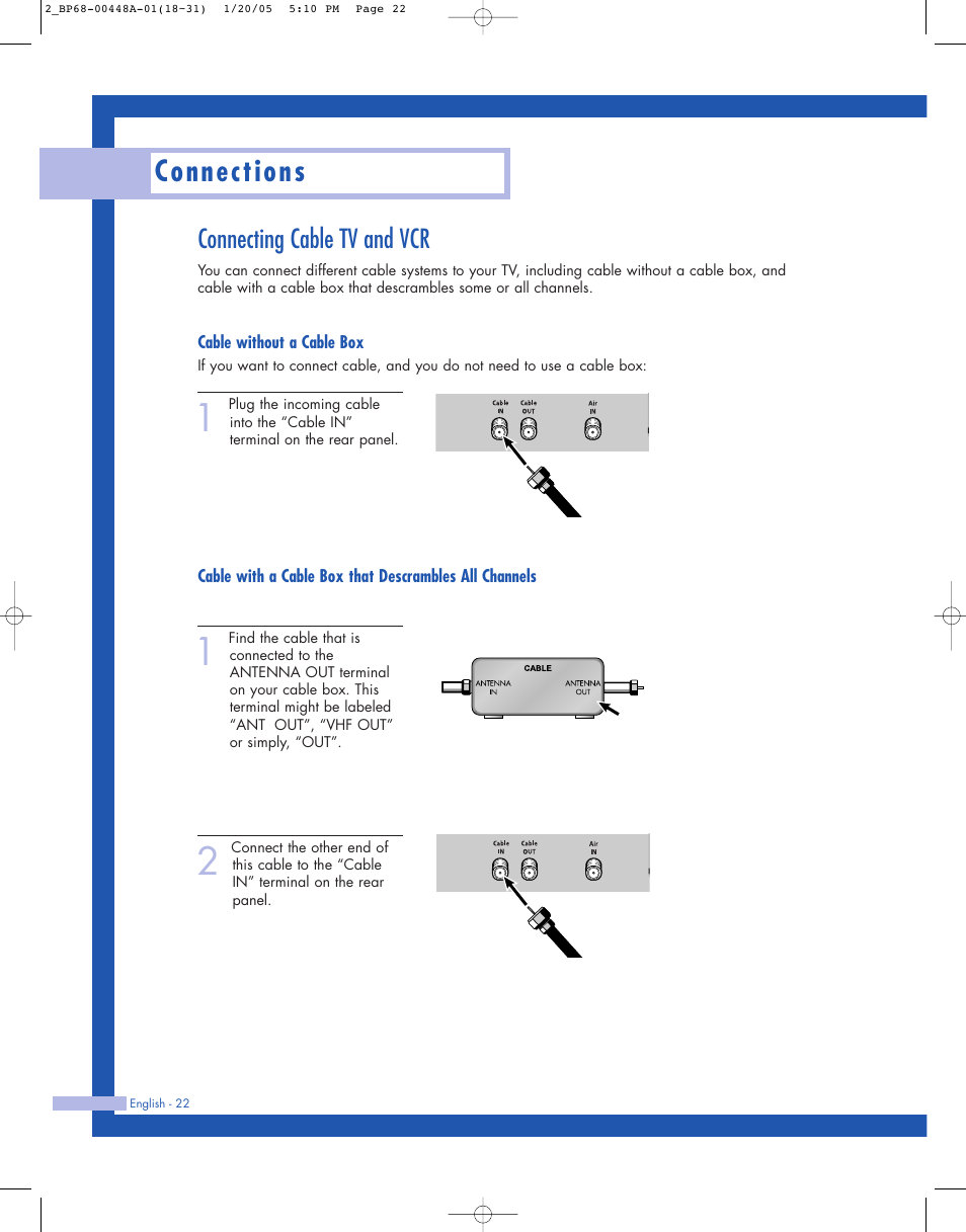 Connecting cable tv and vcr, Cable without a cable box, Connections | Samsung HLR5087WX-XAA User Manual | Page 22 / 104