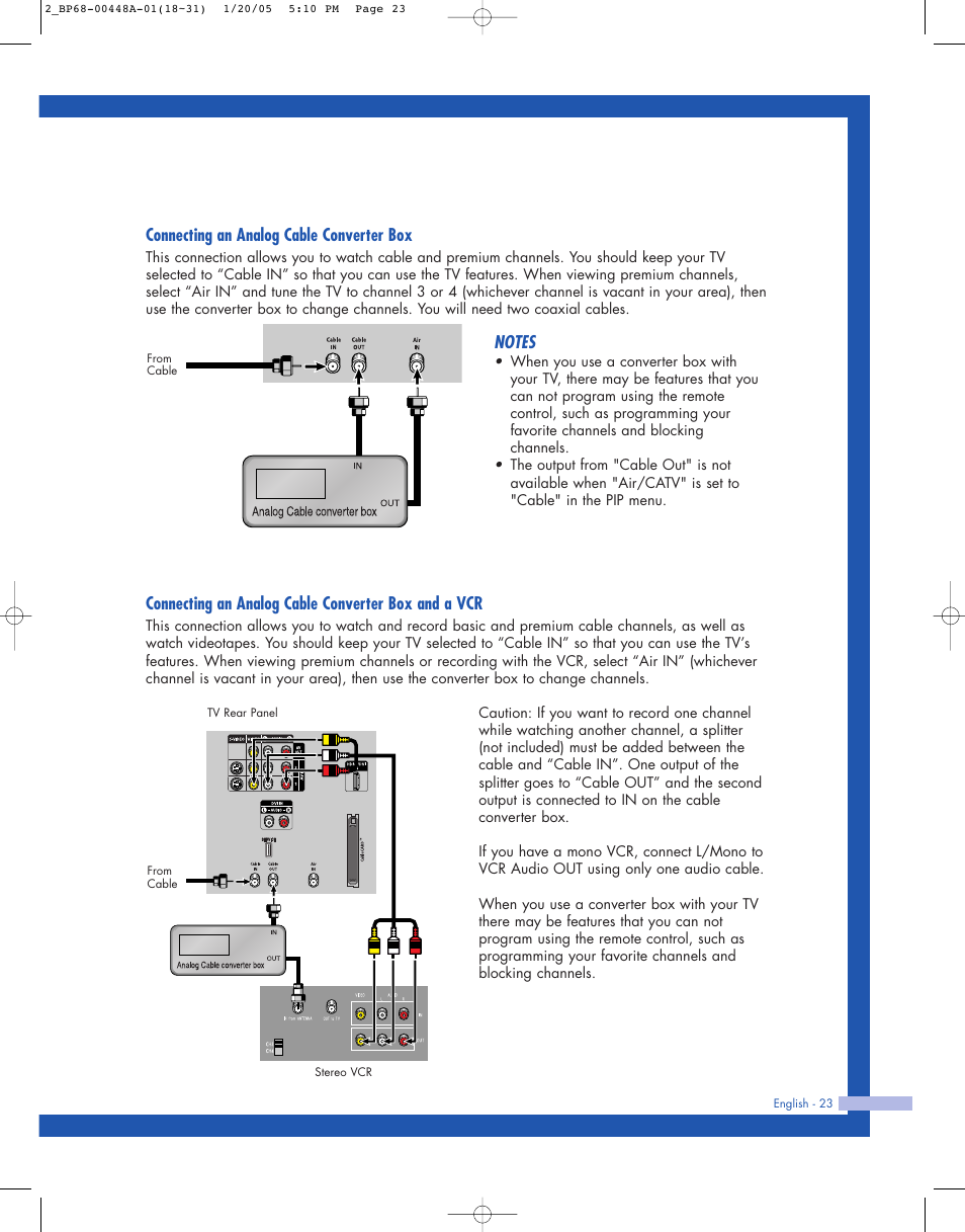 Connecting an analog cable converter box, Connecting an analog cable converter box and a vcr | Samsung HLR5087WX-XAA User Manual | Page 23 / 104