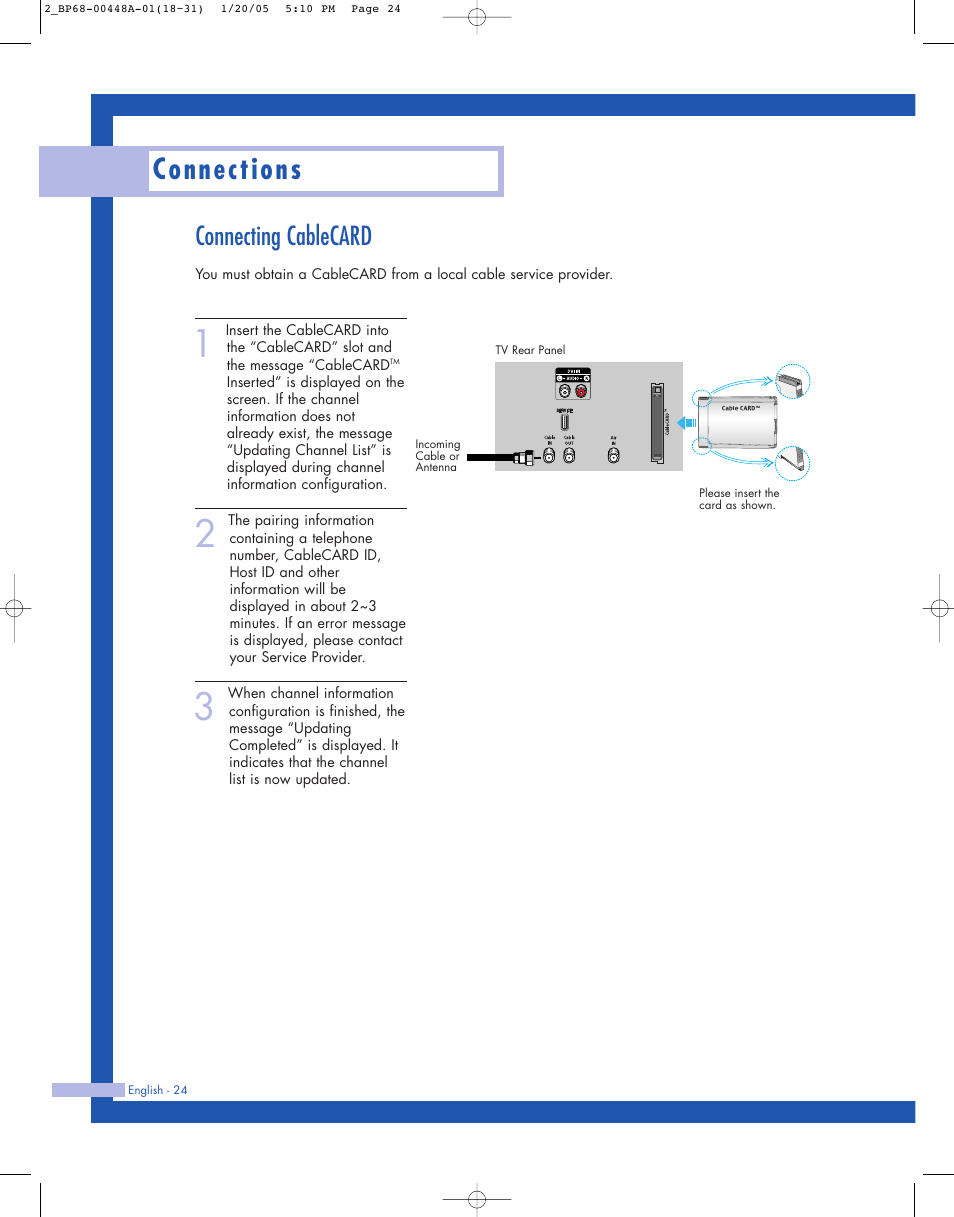 Connecting cablecard, Connections | Samsung HLR5087WX-XAA User Manual | Page 24 / 104