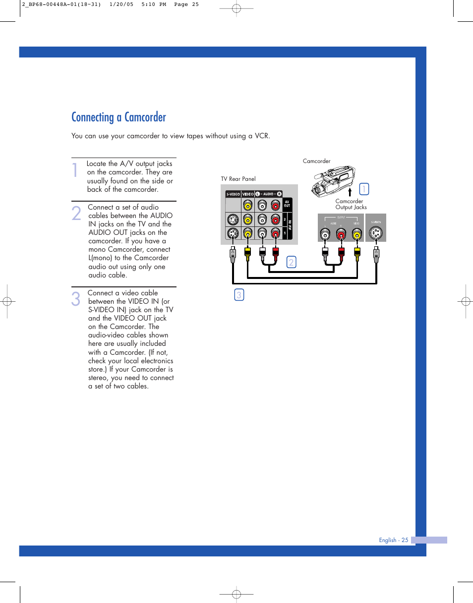 Connecting a camcorder | Samsung HLR5087WX-XAA User Manual | Page 25 / 104