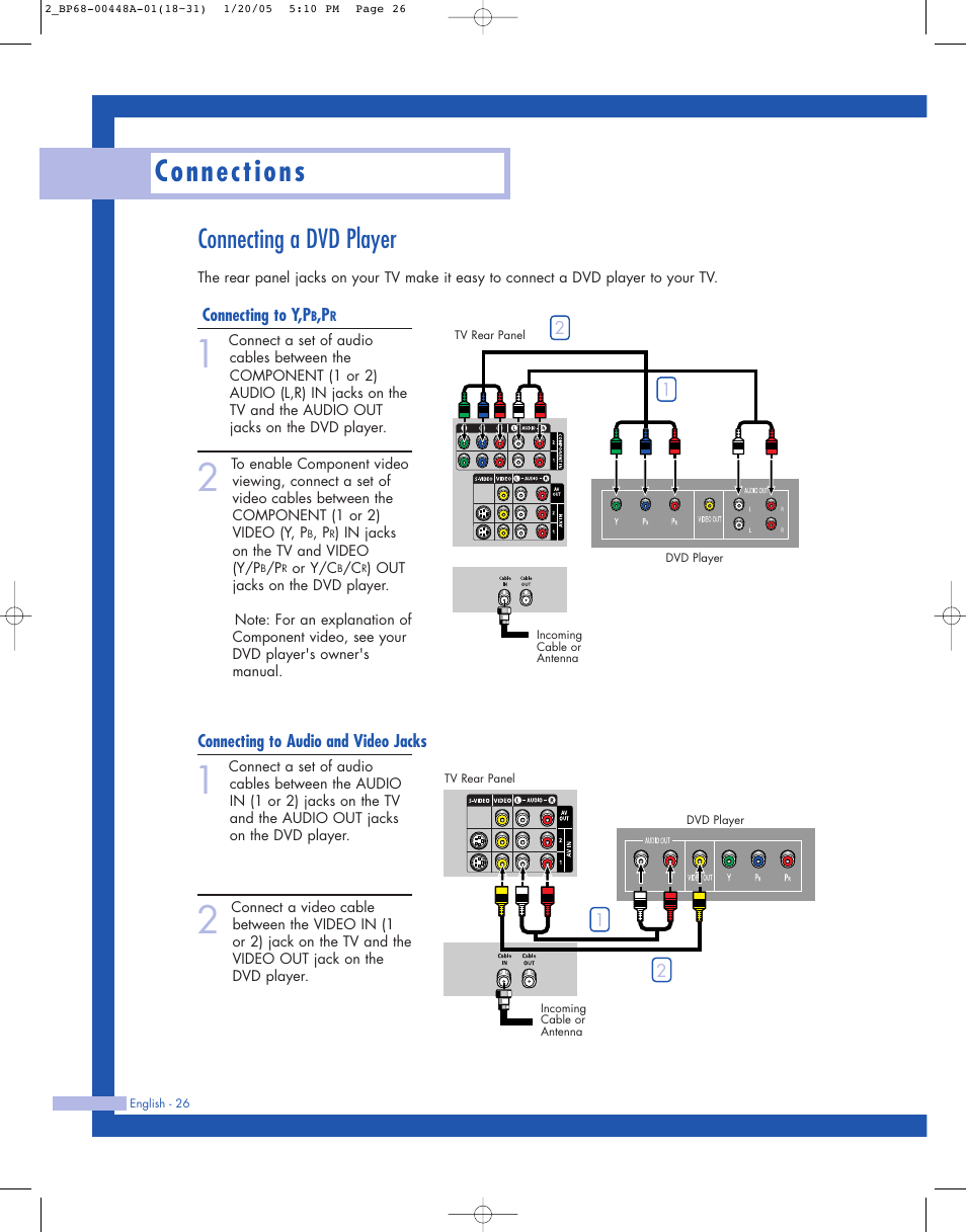 Connecting a dvd player, Connecting to y,pb,pr, Connecting to audio and video jacks | Connections | Samsung HLR5087WX-XAA User Manual | Page 26 / 104