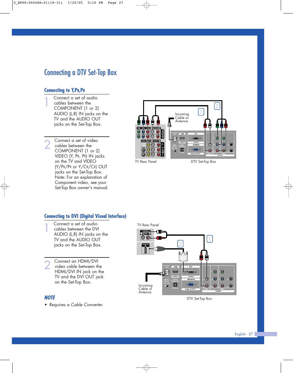 Connecting a dtv set-top box, Connecting to y,pb,pr, Connecting to dvi (digital visual interface) | Samsung HLR5087WX-XAA User Manual | Page 27 / 104