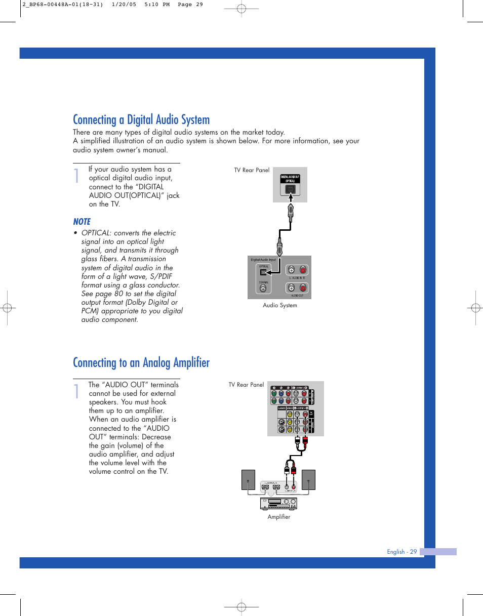 Connecting a digital audio system, Connecting to an analog amplifier | Samsung HLR5087WX-XAA User Manual | Page 29 / 104