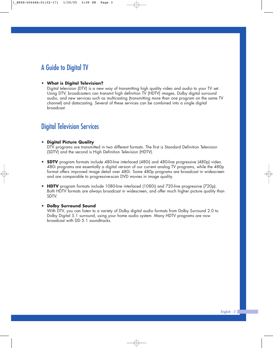 A guide to digital tv, Digital television services | Samsung HLR5087WX-XAA User Manual | Page 3 / 104