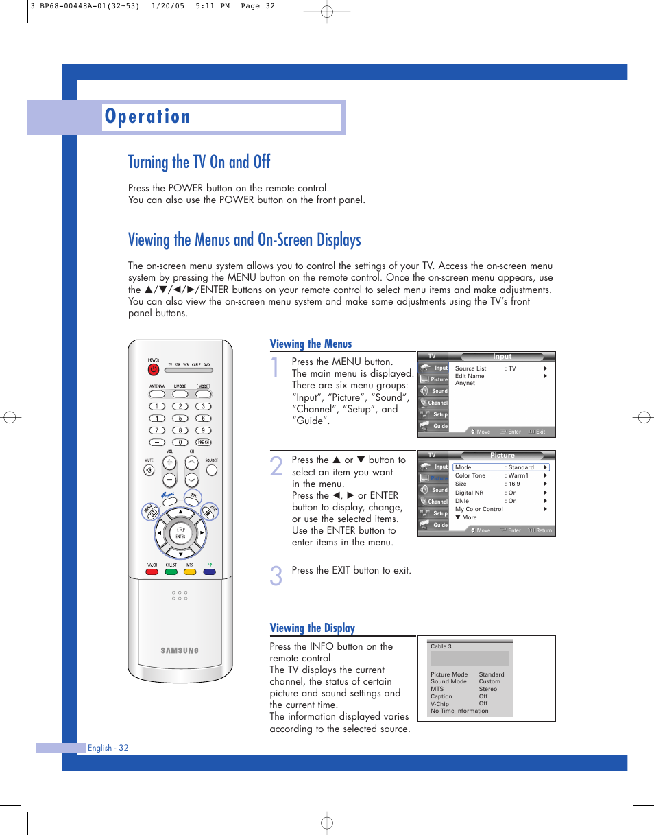 Turning the tv on and off, Viewing the menus and on-screen displays, Operation | Viewing the menus, Viewing the display | Samsung HLR5087WX-XAA User Manual | Page 32 / 104