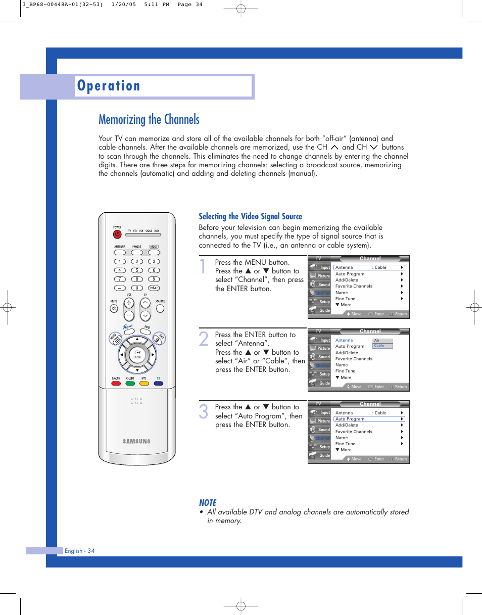 Memorizing the channels, Operation, Selecting the video signal source | Samsung HLR5087WX-XAA User Manual | Page 34 / 104