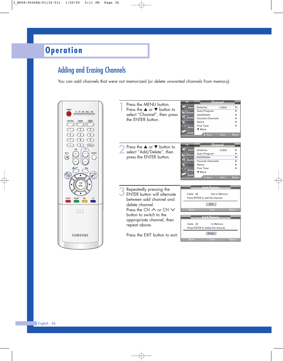 Adding and erasing channels, Operation | Samsung HLR5087WX-XAA User Manual | Page 36 / 104