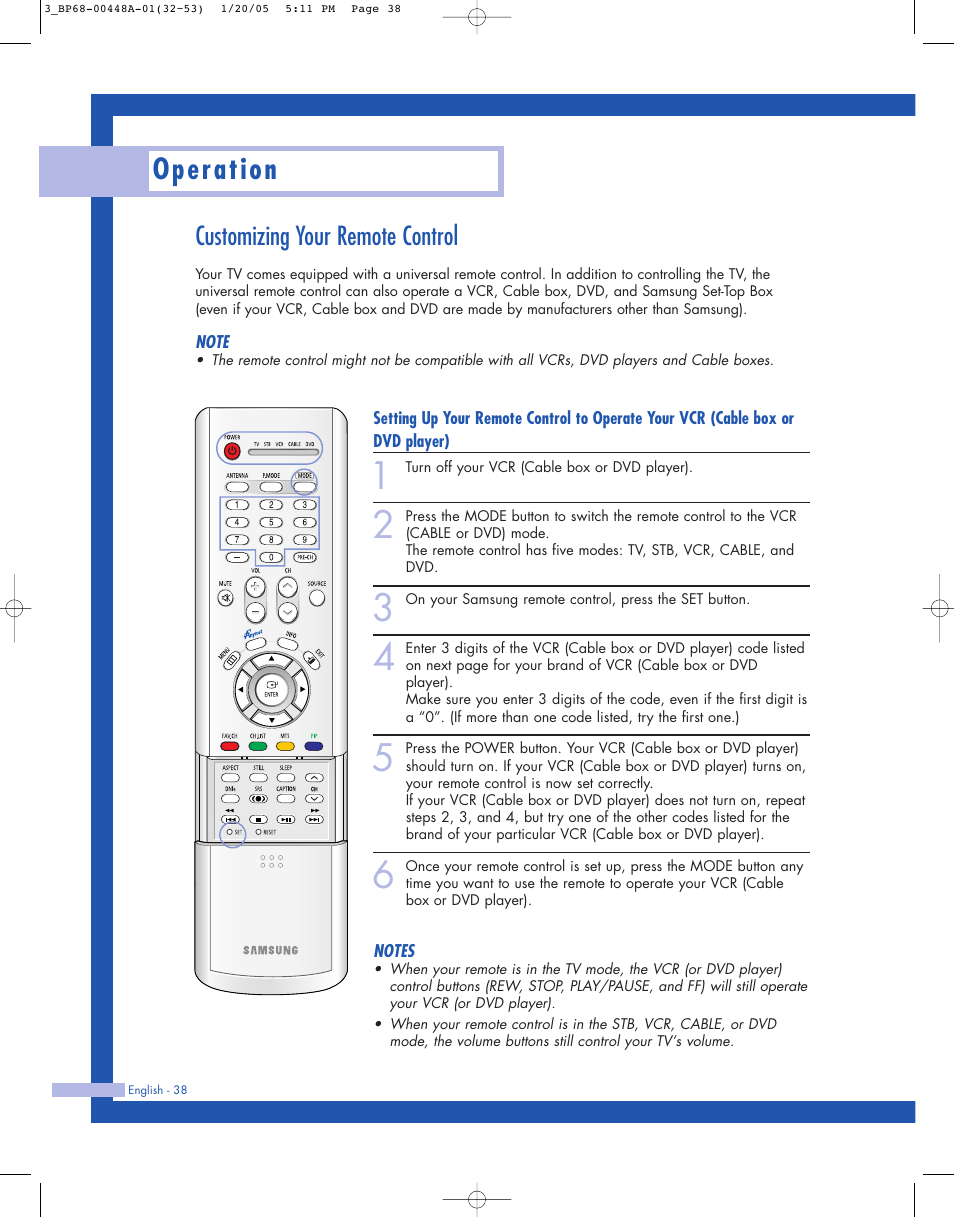 Customizing your remote control, Operation | Samsung HLR5087WX-XAA User Manual | Page 38 / 104