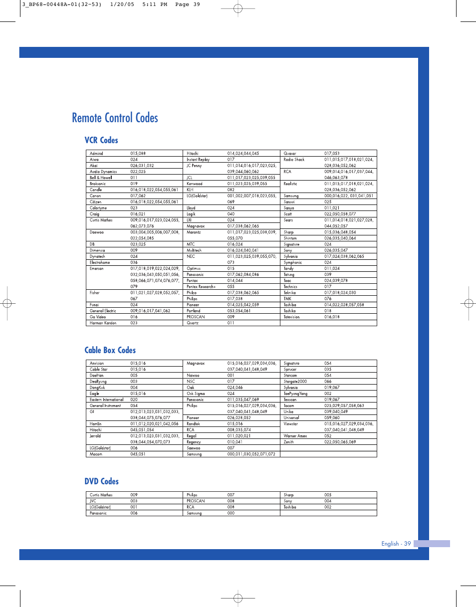 Remote control codes | Samsung HLR5087WX-XAA User Manual | Page 39 / 104