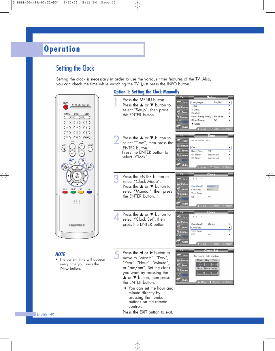 Setting the clock, Operation, Option 1: setting the clock manually | Samsung HLR5087WX-XAA User Manual | Page 40 / 104