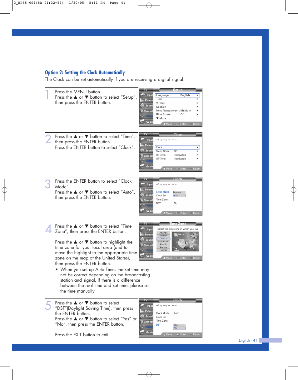 Option 2: setting the clock automatically | Samsung HLR5087WX-XAA User Manual | Page 41 / 104