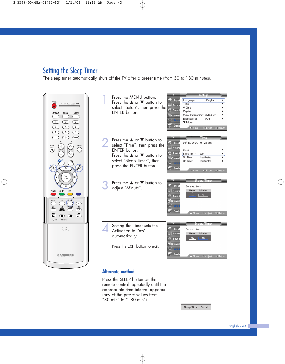 Setting the sleep timer, Alternate method, Press the … or † button to adjust “minute | Samsung HLR5087WX-XAA User Manual | Page 43 / 104