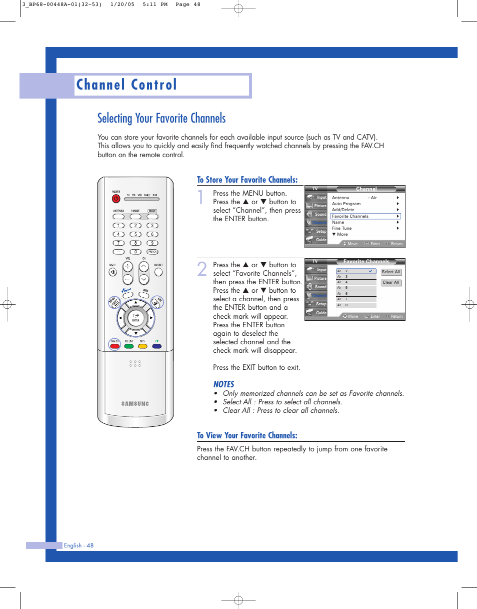 Selecting your favorite channels, Channel control | Samsung HLR5087WX-XAA User Manual | Page 48 / 104