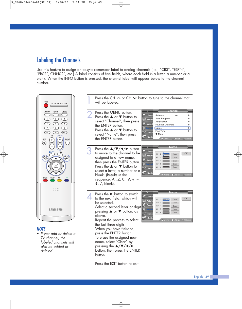 Labeling the channels | Samsung HLR5087WX-XAA User Manual | Page 49 / 104