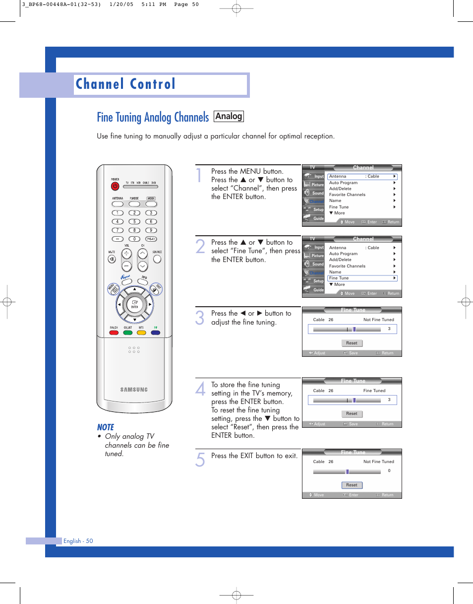 Fine tuning analog channels, Channel control, Analog | Samsung HLR5087WX-XAA User Manual | Page 50 / 104