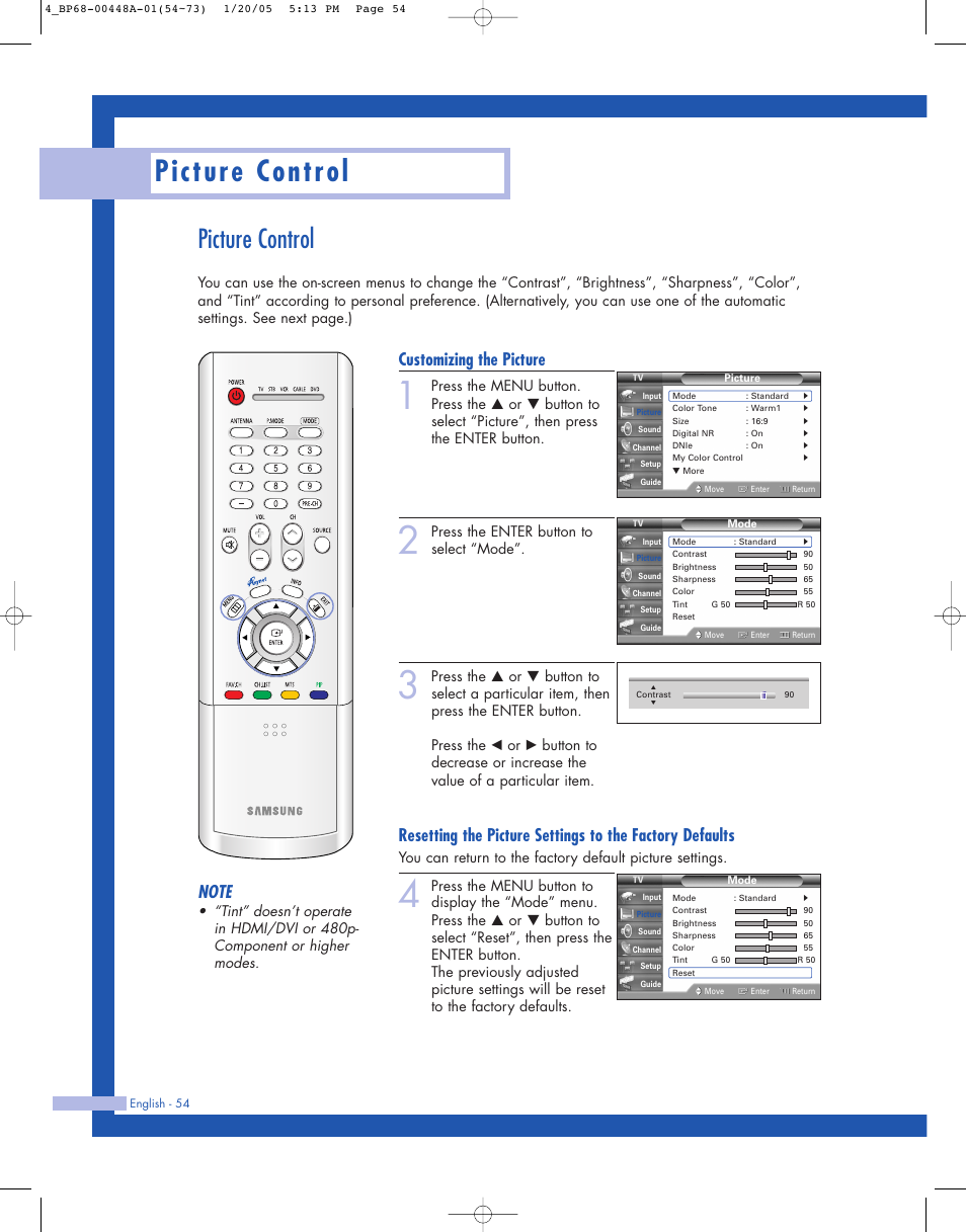 Picture control, Customizing the picture, Press the enter button to select “mode | Samsung HLR5087WX-XAA User Manual | Page 54 / 104