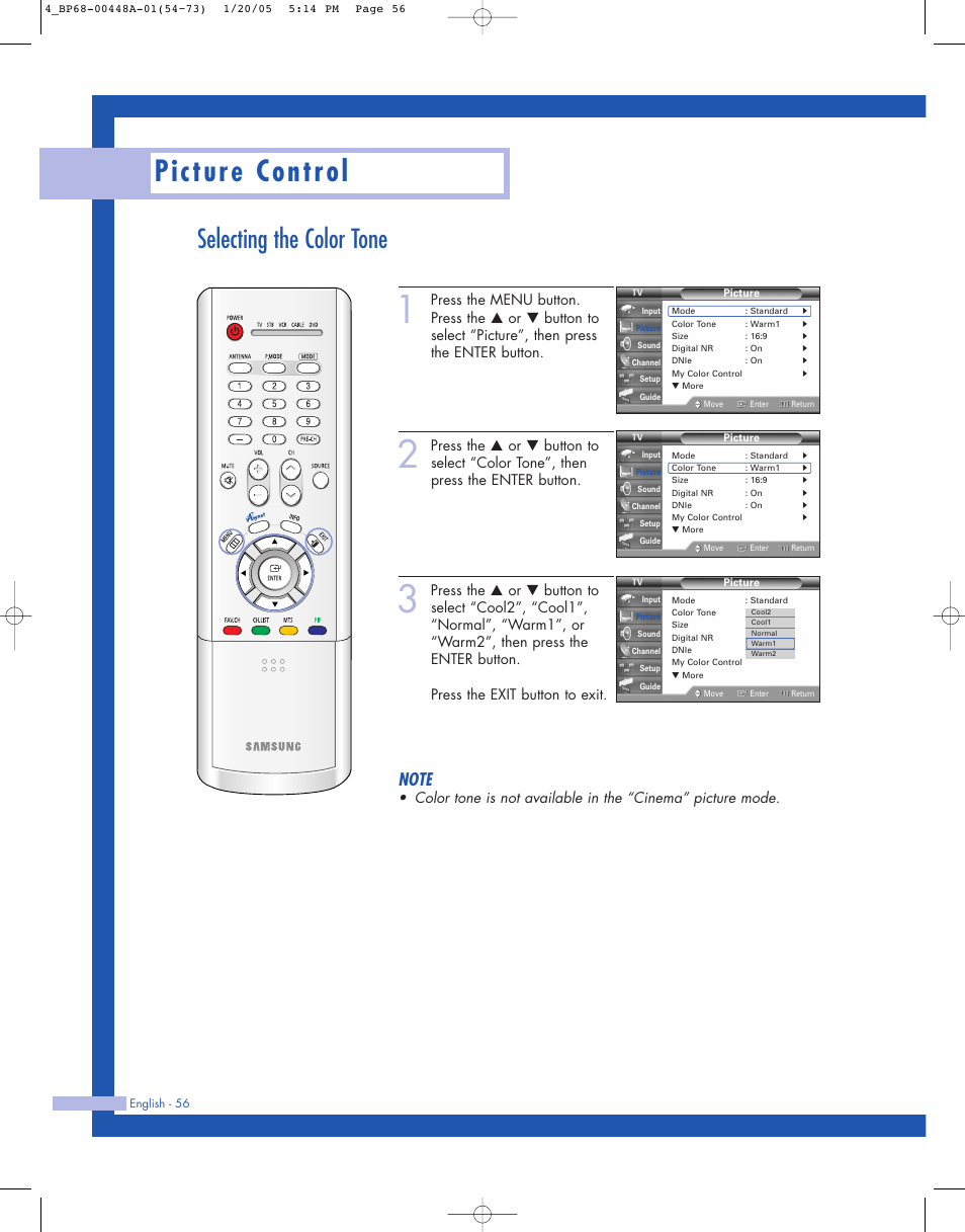 Selecting the color tone, Picture control | Samsung HLR5087WX-XAA User Manual | Page 56 / 104