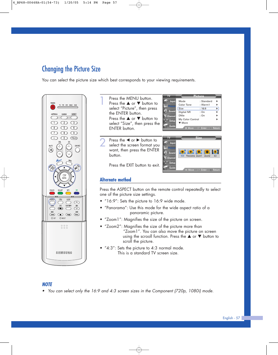 Changing the picture size, Alternate method | Samsung HLR5087WX-XAA User Manual | Page 57 / 104