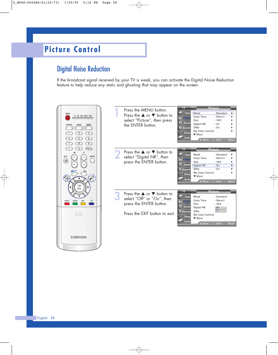 Digital noise reduction, Picture control | Samsung HLR5087WX-XAA User Manual | Page 58 / 104