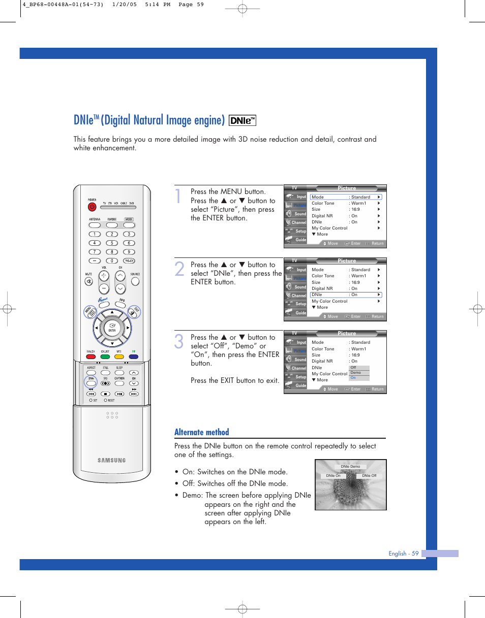 Dnietm (digital natural image engine), Dnie, Digital natural image engine) | Alternate method | Samsung HLR5087WX-XAA User Manual | Page 59 / 104