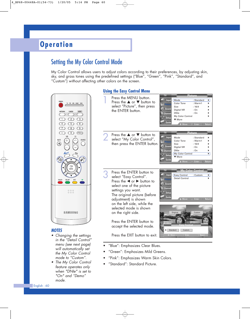 Setting the my color control mode, Operation, Using the easy control menu | Samsung HLR5087WX-XAA User Manual | Page 60 / 104