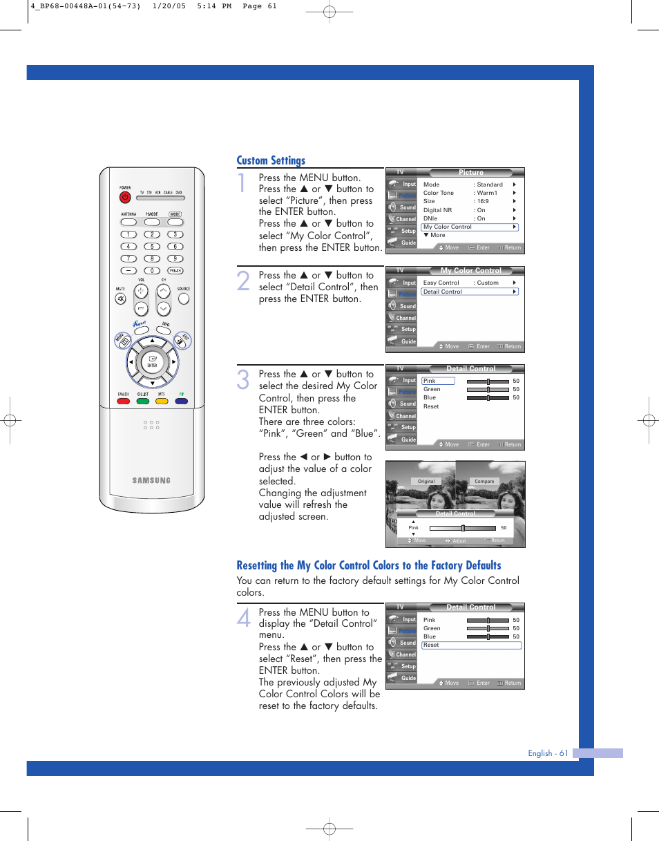 Custom settings | Samsung HLR5087WX-XAA User Manual | Page 61 / 104