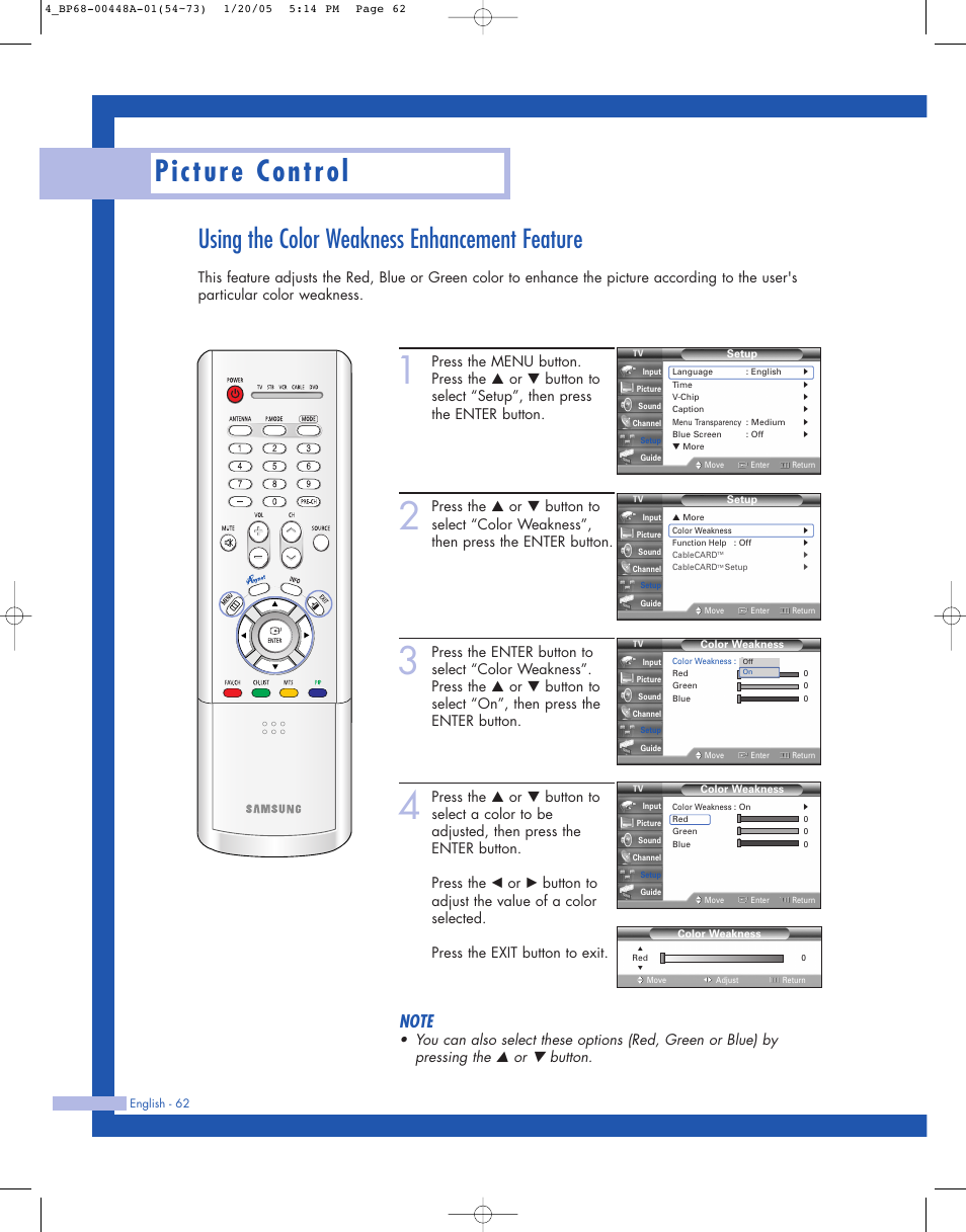 Using the color weakness enhancement feature, Picture control | Samsung HLR5087WX-XAA User Manual | Page 62 / 104