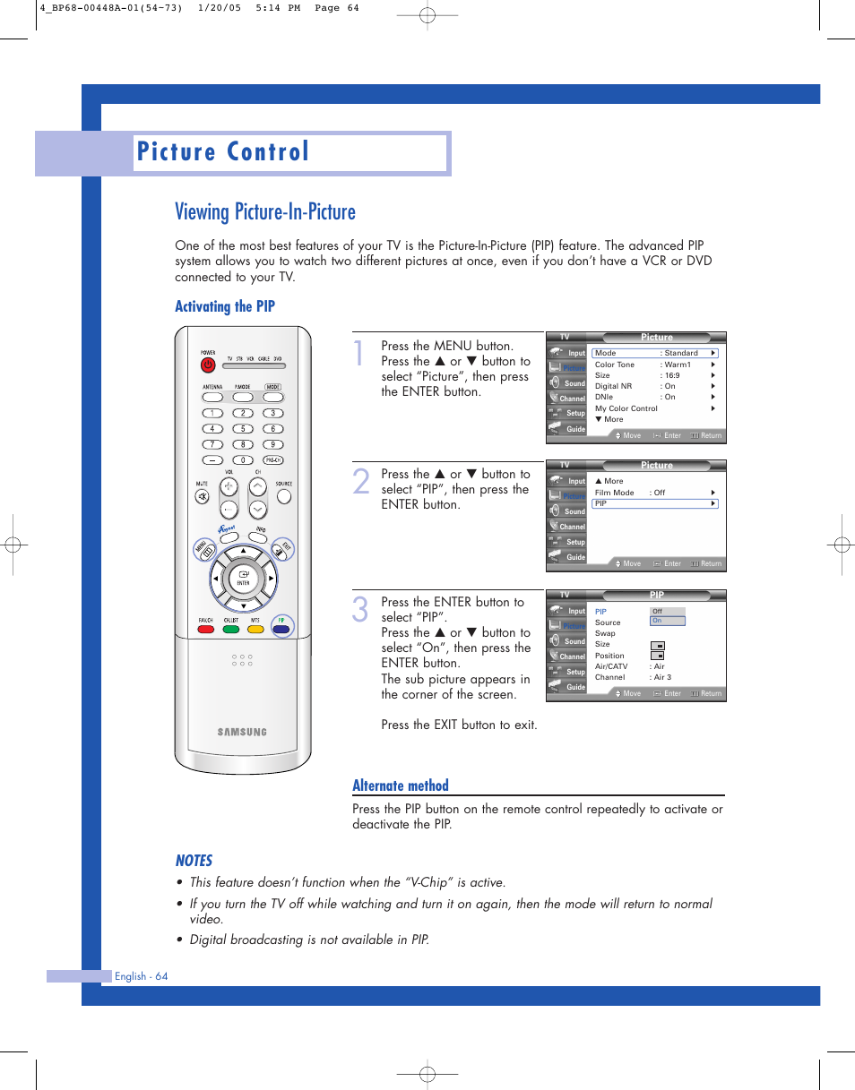 Viewing picture-in-picture, Picture control, Activating the pip | Alternate method | Samsung HLR5087WX-XAA User Manual | Page 64 / 104