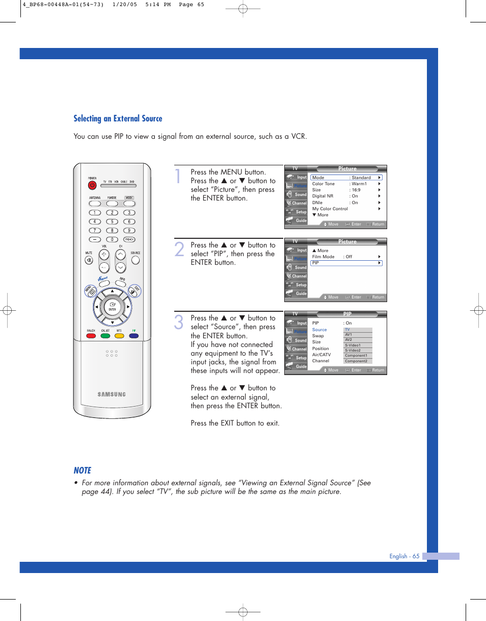 Selecting an external source | Samsung HLR5087WX-XAA User Manual | Page 65 / 104