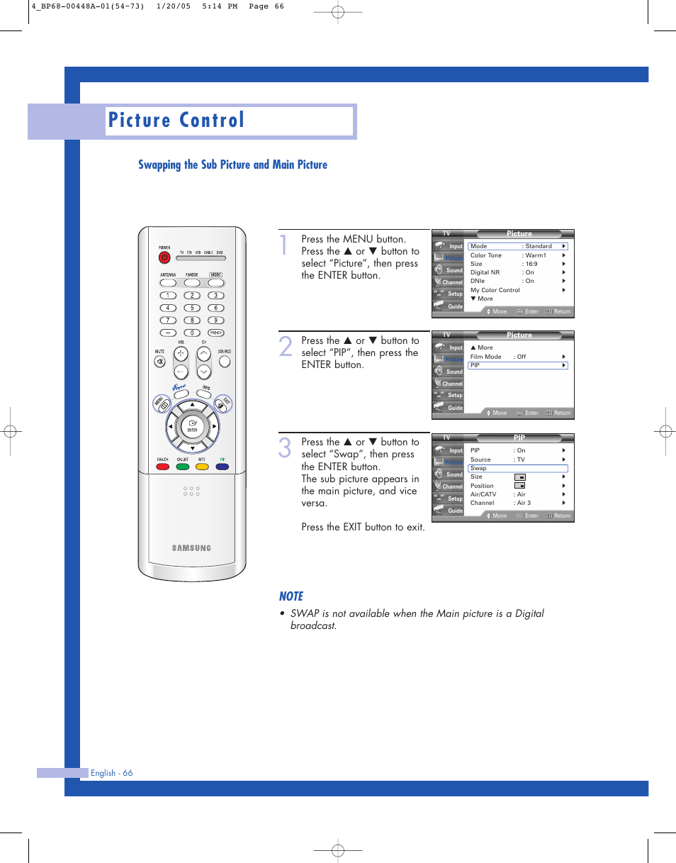 Picture control, Swapping the sub picture and main picture | Samsung HLR5087WX-XAA User Manual | Page 66 / 104