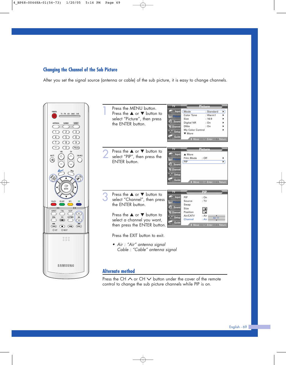Changing the channel of the sub picture, Alternate method | Samsung HLR5087WX-XAA User Manual | Page 69 / 104