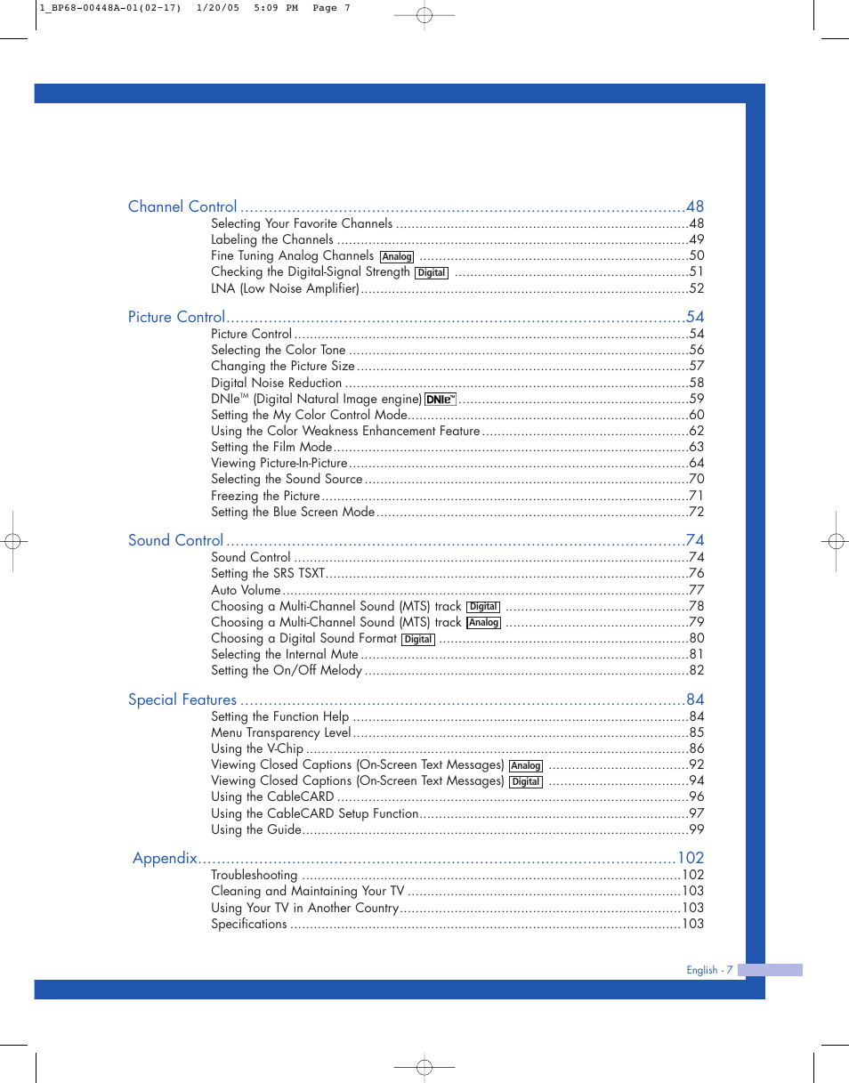 Channel control, Picture control, Sound control | Special features, Appendix | Samsung HLR5087WX-XAA User Manual | Page 7 / 104