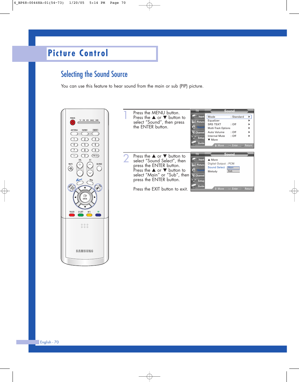 Selecting the sound source, Picture control | Samsung HLR5087WX-XAA User Manual | Page 70 / 104