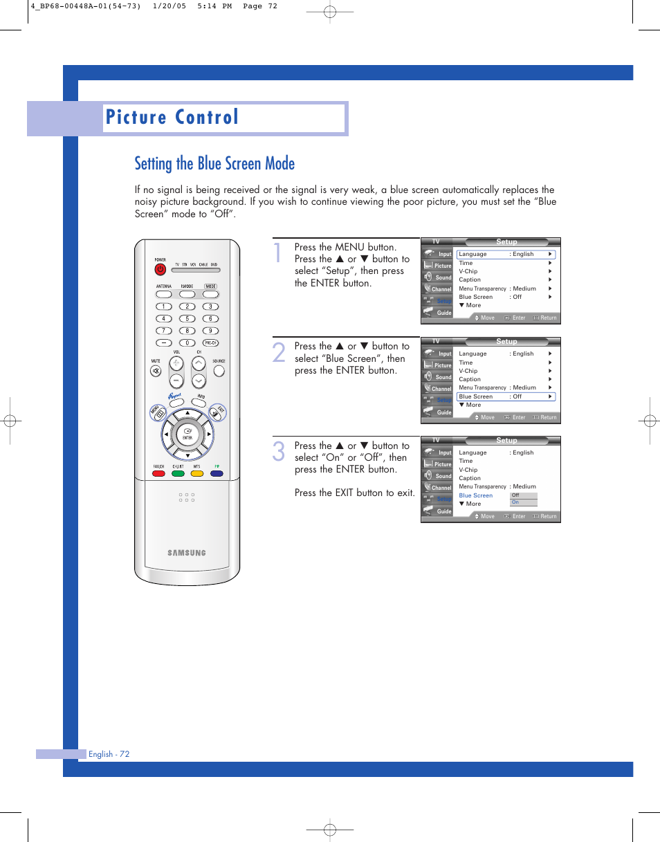 Setting the blue screen mode, Picture control | Samsung HLR5087WX-XAA User Manual | Page 72 / 104