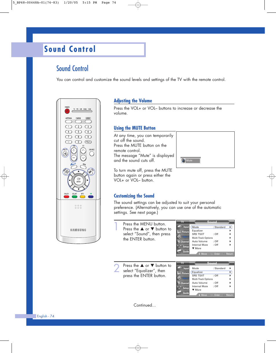 Sound control, Adjusting the volume, Using the mute button | Customizing the sound | Samsung HLR5087WX-XAA User Manual | Page 74 / 104