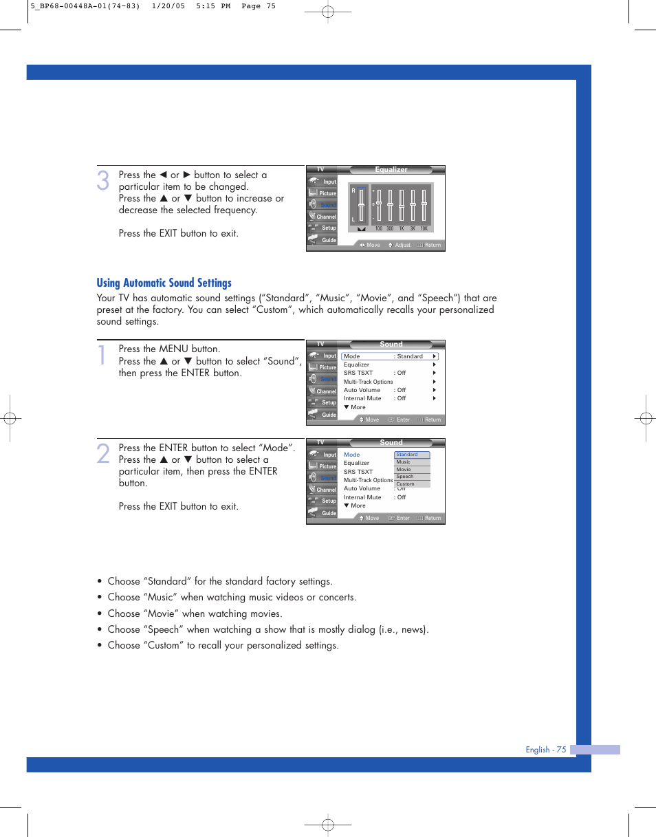 Using automatic sound settings | Samsung HLR5087WX-XAA User Manual | Page 75 / 104
