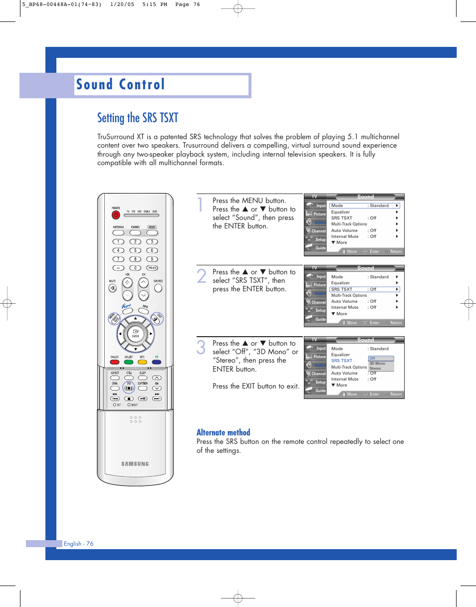 Setting the srs tsxt, Sound control, Alternate method | Samsung HLR5087WX-XAA User Manual | Page 76 / 104