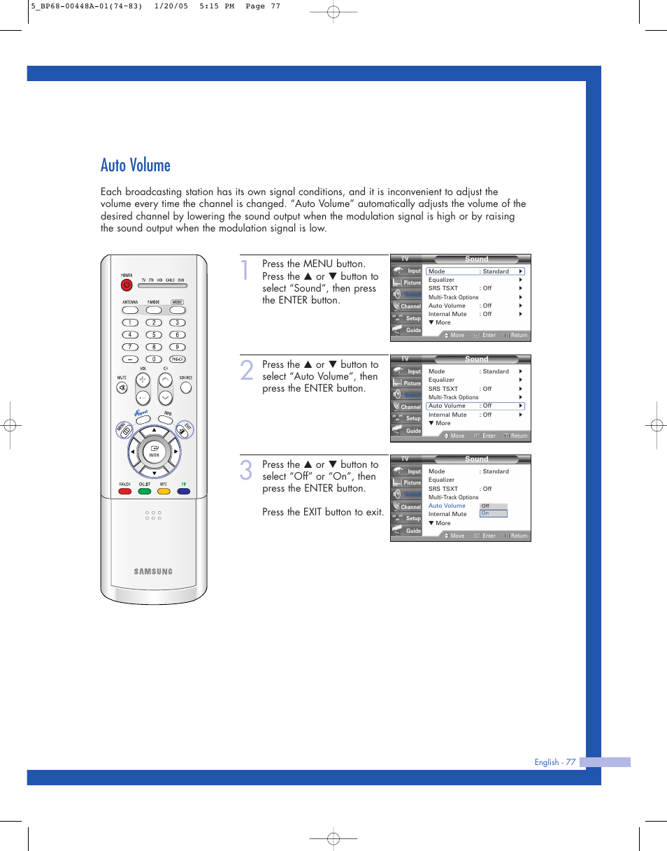 Auto volume | Samsung HLR5087WX-XAA User Manual | Page 77 / 104