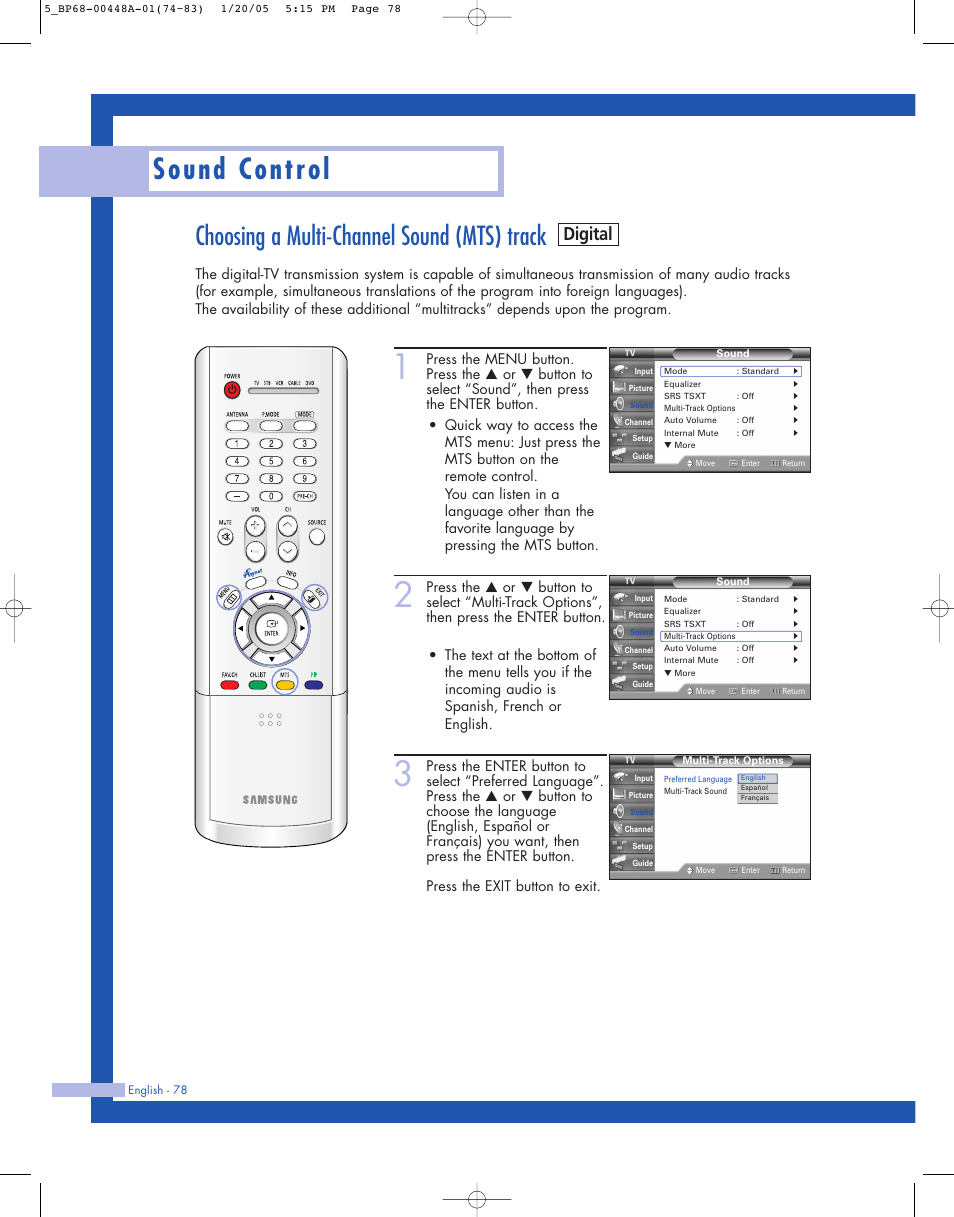 Choosing a multi-channel sound (mts) track, Sound control, Digital | Samsung HLR5087WX-XAA User Manual | Page 78 / 104